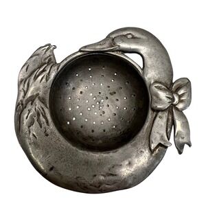 Vintage Pewter Duck Tea Strainer with Bow Silver Tone Rustic Kitchenware Kitsch